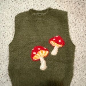 Forever 21 Olive Green Fuzzy Sweater Vest Mushrooms